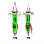 Two green Bocean Candat Twist Squid Jig Bottom Sinkers: 120g left, 80g right, with luminous cone sinkers and umbrella hooks on white background.