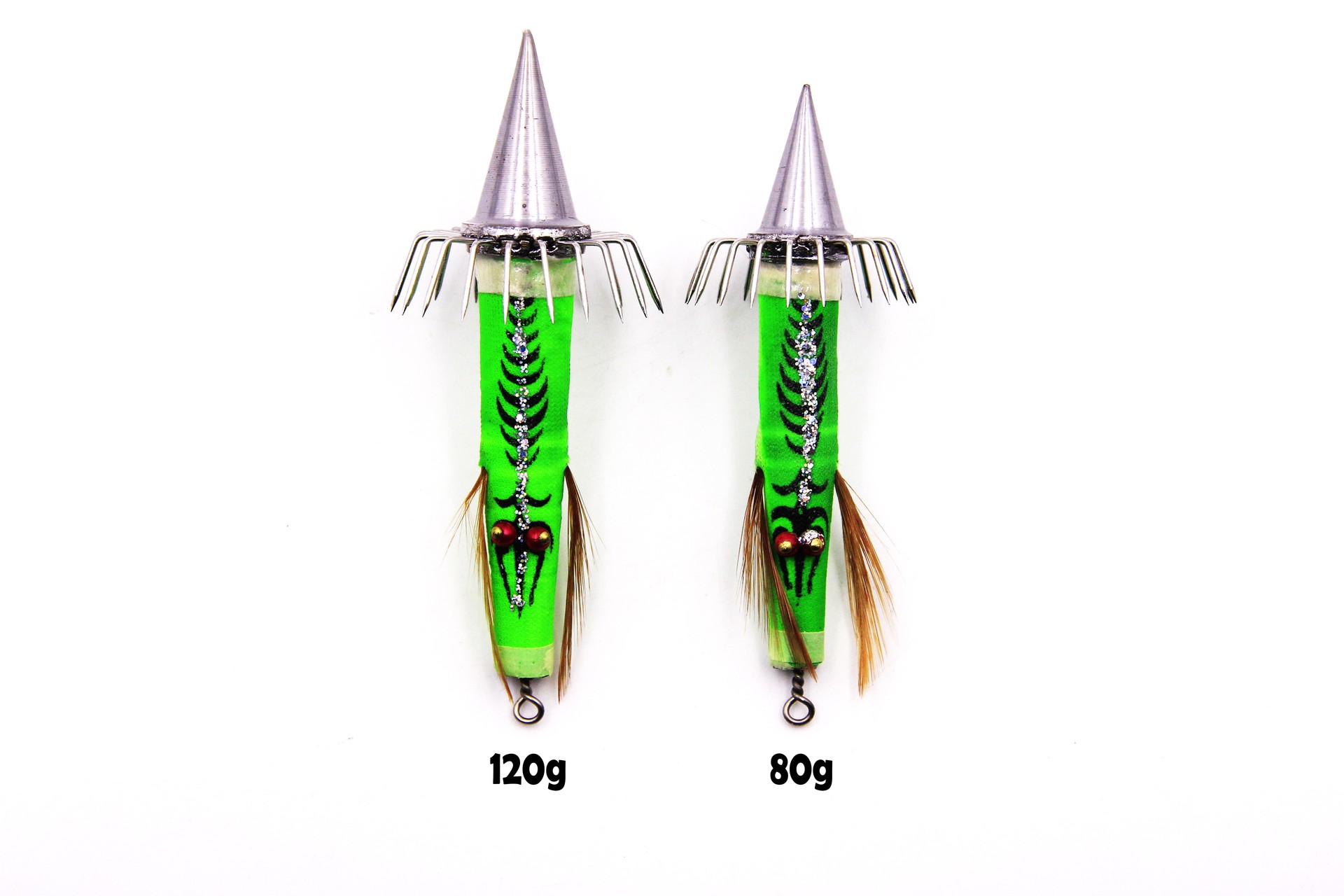 Two green Bocean Candat Twist Squid Jig Bottom Sinkers: 120g left, 80g right, with luminous cone sinkers and umbrella hooks on white background.