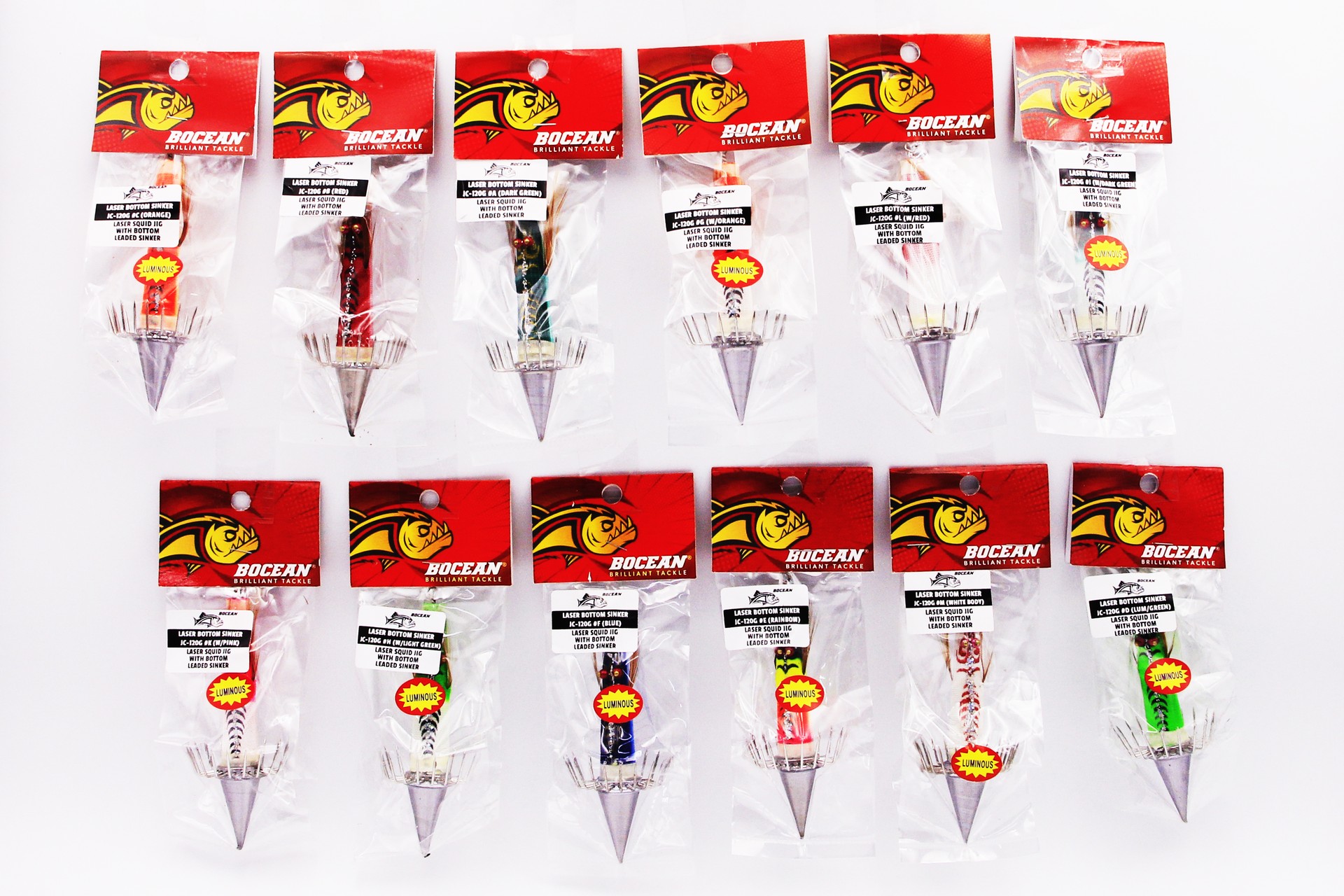 Array of 12 packaged Bocean Candat Twist Squid Jig Bottom Sinkers with luminous cone bodies and umbrella squid hooks in vivid colors.
