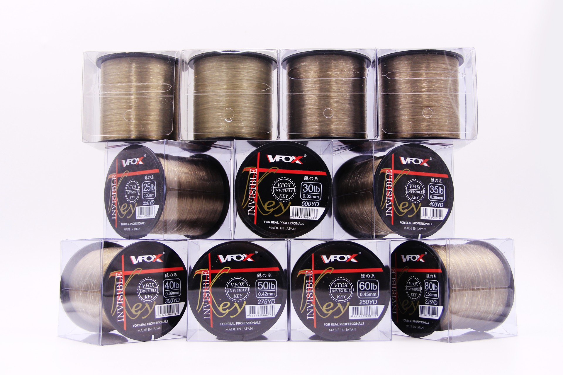 Assortment of VFOX Invisible Key Fishing Line spools in light old gold, stacked in clear packaging with 40LB, 50LB, 80LB labels