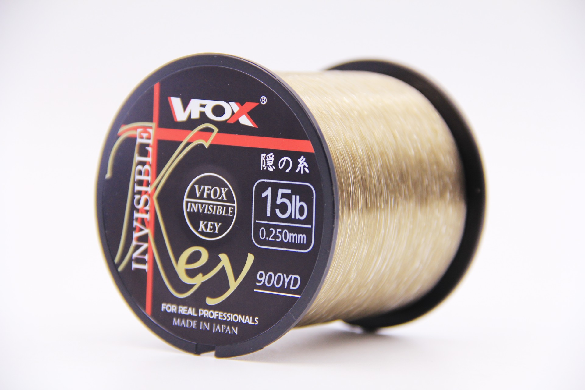 VFOX Invisible Key 15lb 0.25mm fishing line spool in light old gold, 900YD, black core on white background.