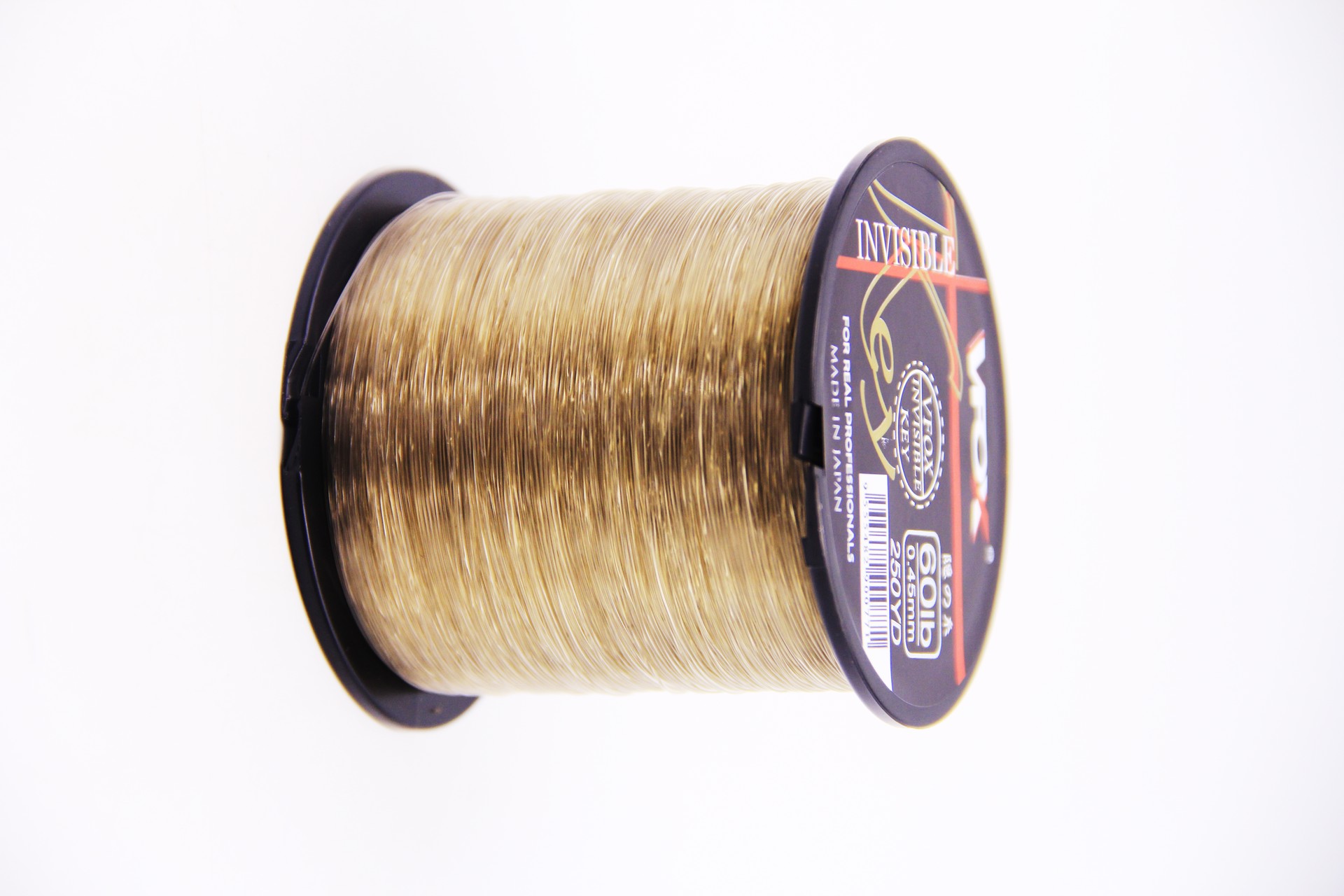 VFOX Invisible Key Fishing Line spool in light old gold, tightly wound on black core with INVIZ KEY label, angled floating view